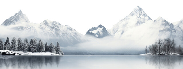 Winter scene with snow-covered mountain tops, cut out - Powered by Adobe