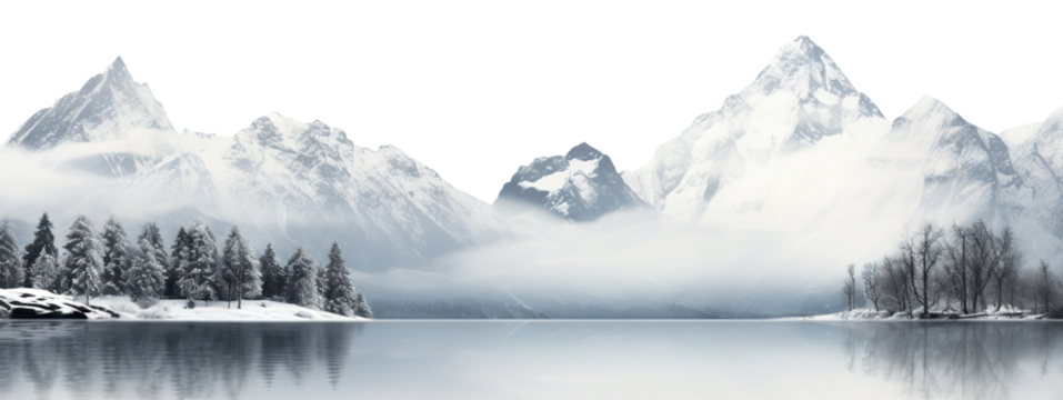 Winter scene with snow-covered mountain tops, cut out