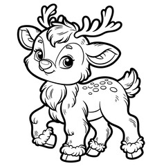 Small reindeer with antlers, Chistmas winter themed, coloring book page, coloring book, outline, SVG vector art, isolated on a white background