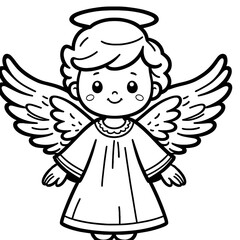 Angel with wings outstretched, religious theme, coloring book page, coloring book, outline, SVG vector art, isolated on a white background