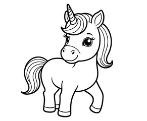 Unicorn pony with a horn and long mane, fantasy theme, coloring book page, coloring book, outline, SVG vector art, isolated on a white background