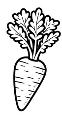 Cute carrot with a leafy top, farm vegetable crop theme, coloring book page, coloring book, outline, SVG vector art, isolated on a white background