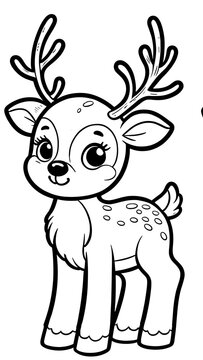 Small reindeer with antlers, Chistmas winter themed, woodland creature coloring book page, coloring book, outline, SVG vector art, isolated on a white background