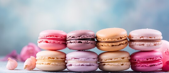 Fototapeta na wymiar The stack of pastel-colored macaroons showcased a delightful image of the French gourmet culture, where sweet almond biscuits and cookies like cake added a touch of pink and indulgence to the dessert