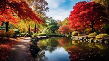 A tranquil pond surrounded by colorful autumn foliage in a park.