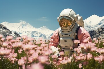Astronaut in alpine meadows, in a field of rhododendrons