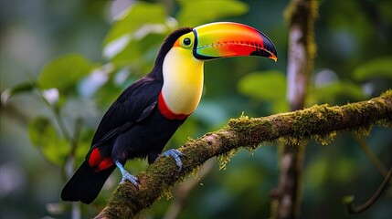 In the lush rainforests of Central America, a majestic toucan with a vibrant plumage perched on a sturdy branch, its beak blending seamlessly with the exotic flora as it surveyed the wild landscape
