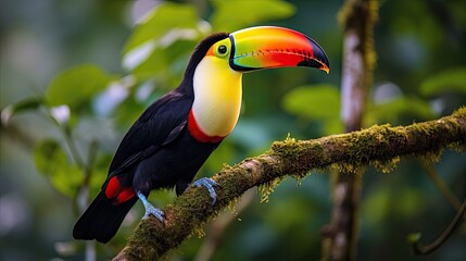 Fototapeta premium In the lush rainforests of Central America, a majestic toucan with a vibrant plumage perched on a sturdy branch, its beak blending seamlessly with the exotic flora as it surveyed the wild landscape