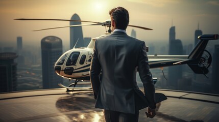 In the attire of affluence, a man steps into his private helicopter on the rooftop of a towering skyscraper, symbolizing the archetype of a triumphant businessperson. - obrazy, fototapety, plakaty