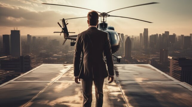 Clad in opulence, a man in a suit ascends into his private helicopter atop a skyscraper, portraying the quintessence of a prosperous entrepreneur.