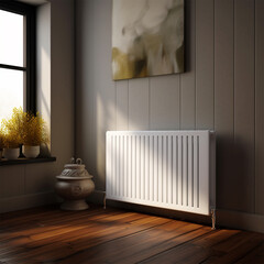 White metal heating radiator installed near the wall inside the room.Modern radiator in the central heating system.House heating