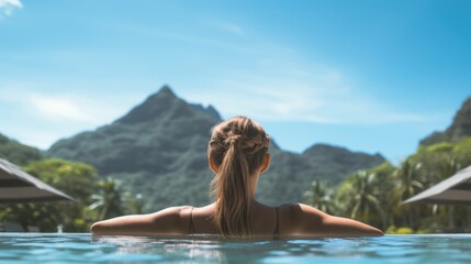 Against a backdrop of mountains, a woman stands gracefully in the swimming pool.