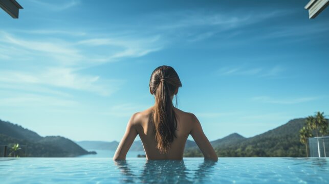 Woman stands in a swimming pool with mountains in the background.