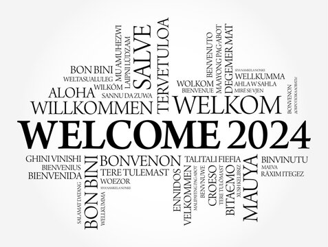 WELCOME 2024 word cloud in different languages, conceptual background