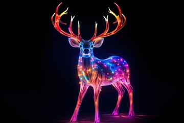 neon Christmas deer on a black background. the concept of signage, parties