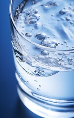 A close-up of a refreshing glass of water,blue background
