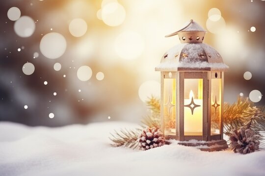 Christmas Lantern On Snow in forest. Xmas background. Winter magical card. Holidays template.