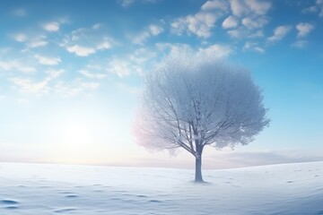 Fototapeta na wymiar Heart shape tree, snow white scene, hello winter. Beautiful landscape with heart shaped tree.