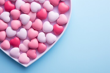 Fototapeta premium Candies, heart-shaped sweets in pastel colors. Concept of love, sweets and Valentine's Day.