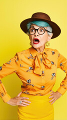 Senior woman with blue hair wearing fashion clothes with glasses and surprised with shocked face and open mouth with fingers. surprised face.