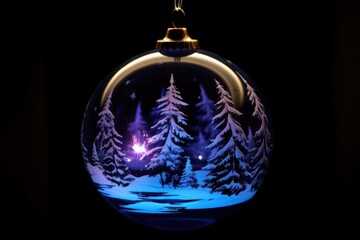 neon christmas tree ball on black background with winter landscape