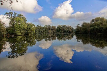 Bäume, Wolken und Himmel spiegeln sich in einem See 
Trees, clouds and sky are reflected in a lake