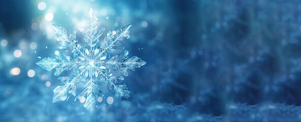 Fototapeta na wymiar Snowflake on blue bokeh background. Winter holiday concept