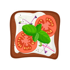 Sandwich for breakfast. Open Toast with Cottage cheese, micro greens, tomato, basil. Vector illustration isolated on white background for menu, cafe, restaurant, poster, banner, sticker