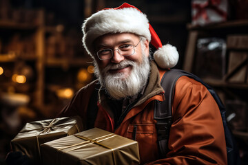 Portrait of a bearded man in Santa Claus hat. Christmas and New Year concept.