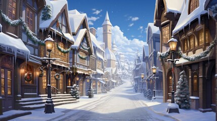 An enchanting city street blanketed in freshly fallen snow.