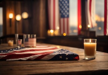 Empty wooden table with american day theme flag and candle in background