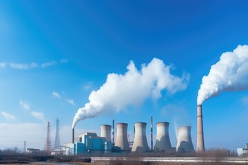 Smoking pipes of power plant against blue sky