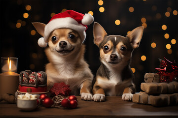 cute dogs in a Christmas atmosphere. pets at Christmas. Christmas and New Year concept 