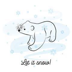 Polar baby bear in the snow. With lettering "Let it snow!" Decorative festive cute childish background, card, sticker.