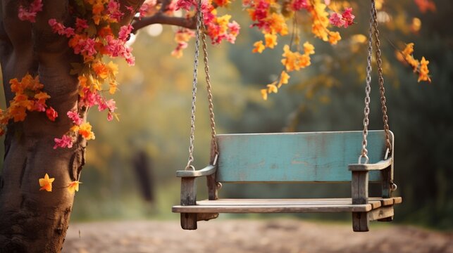 An old-fashioned wooden swing hanging from a colorful tree branch.