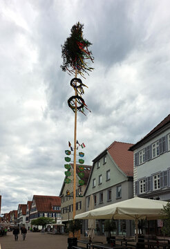 Gro&szlig;er Maibaum &uuml;berragt die Fachwerkh&auml;user der Marktstra&szlig;e. Graue Wolken k&uuml;ndigen Regen an. Es weht ein starker Wind, der die bunten B&auml;nder wehen l&auml;sst. Maib&auml;ume haben in S&uuml;ddeutschland Tradition. 