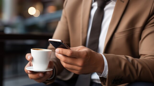 Businessman enjoying coffee and using a smartphone in a cafe.