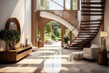 Entrance Hall or Hallway of Luxury Rich House with Staircase. Interior Design. Wooden staircase and stone cladding wall in rustic hallway. Cozy home interior design of modern entrance hall with door.