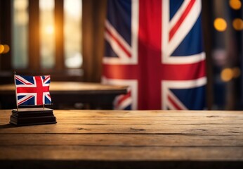 Empty wooden table with british flag in background - obrazy, fototapety, plakaty