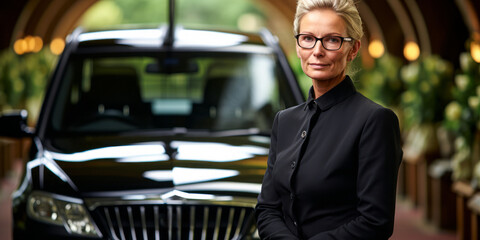 portrait of Funeral Director. Perform various tasks to arrange &direct funeral services, such as coordinating transportation of body to mortuary for embalming, interviewing family to arrange details