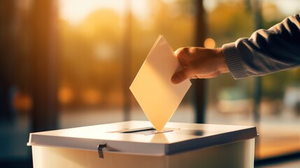 Using his hand, a man contributes to the electoral process by throwing his voting paper into the ballot box during elections. - obrazy, fototapety, plakaty