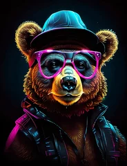 Fototapeten Portrait of a grizzly bear wearing a motorcycle helmet and sunglasses, Brown bear and colorful clothes and hat, bear with glasses on black background, bear, glasses, jacket, neon colors background © woollyfoor