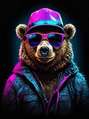 Fototapeten Fashion portrait of a grizzly bear wearing a pink cap and sunglasses. Brown bear in hat and hoodie, jacket, t-shirt design of colorful bear and brown hairs cool bear, trendy bear, funky bear © woollyfoor