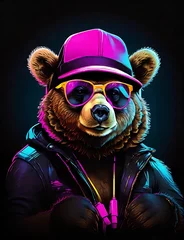 Fototapeten Fashion illustration of a bear in a cap and sunglasses on a black background,  funky fashionable bear illustration, bear punk wearking jacket cartoon vector 3d render digital printing design art © woollyfoor