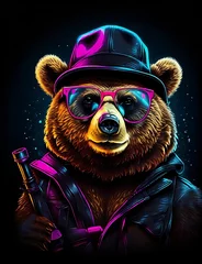 Fototapeten Hipster bear in a leather jacket, hat and sunglasses, Brown bear in black jacket and decent look, bear, illustration, fashionabl bear, teddy bear, bear in sunglassesm bear vector, bear art, isolated © woollyfoor