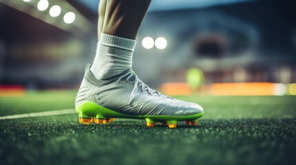 Up-close look at a soccer player's feet positioned on the vivid green pitch of the stadium.