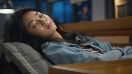 Fototapeta premium Serenely sleeping woman in a tranquil setting, embodying peace and relaxation