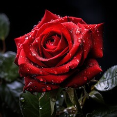 Red rose with water drops on the leaves