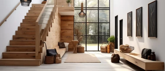 Foto op Canvas Entrance Hall or Hallway of Luxury Rich House. Interior Design. Wooden staircase and stone cladding wall in rustic hallway. Cozy home interior design of modern entrance hall with door. © John Martin