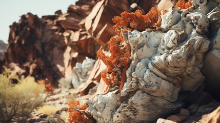 Desert lichen clinging to the surface of ancient, weathered rocks.